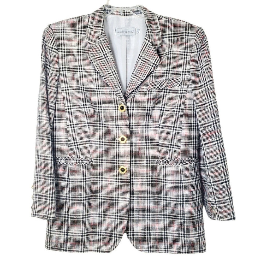 Howard Wolf Vintage Black & Red Plaid 1980s 90s Blazer Jacket Size 12 Made In US